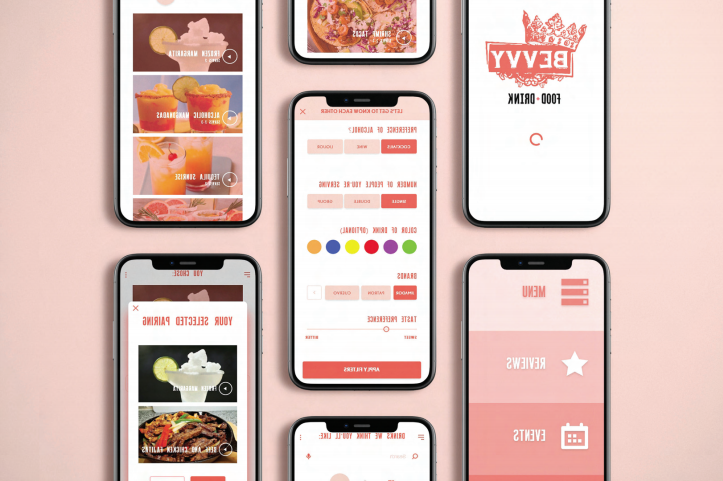 Collage of phone screens showing the different views of a food and drink app's UI.