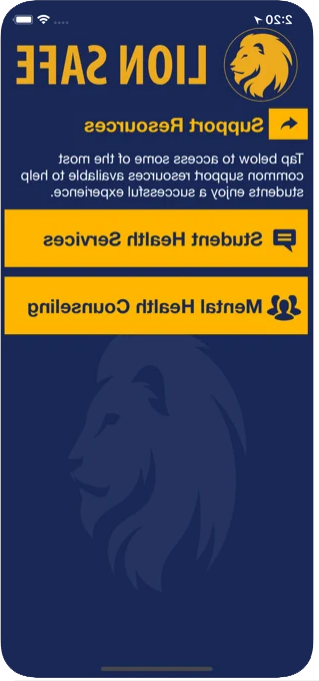 Screenshot of the support resources page in the Lion Safe app.  